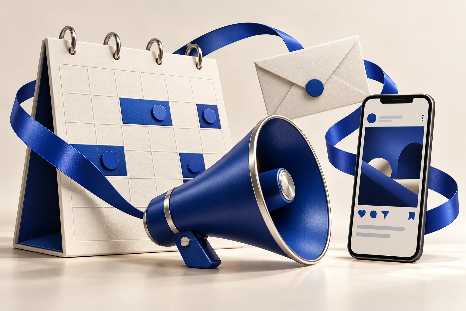 Ilustrație originală: un calendar, un megafon, un email și un telefon unite într-o campanie de promovare.