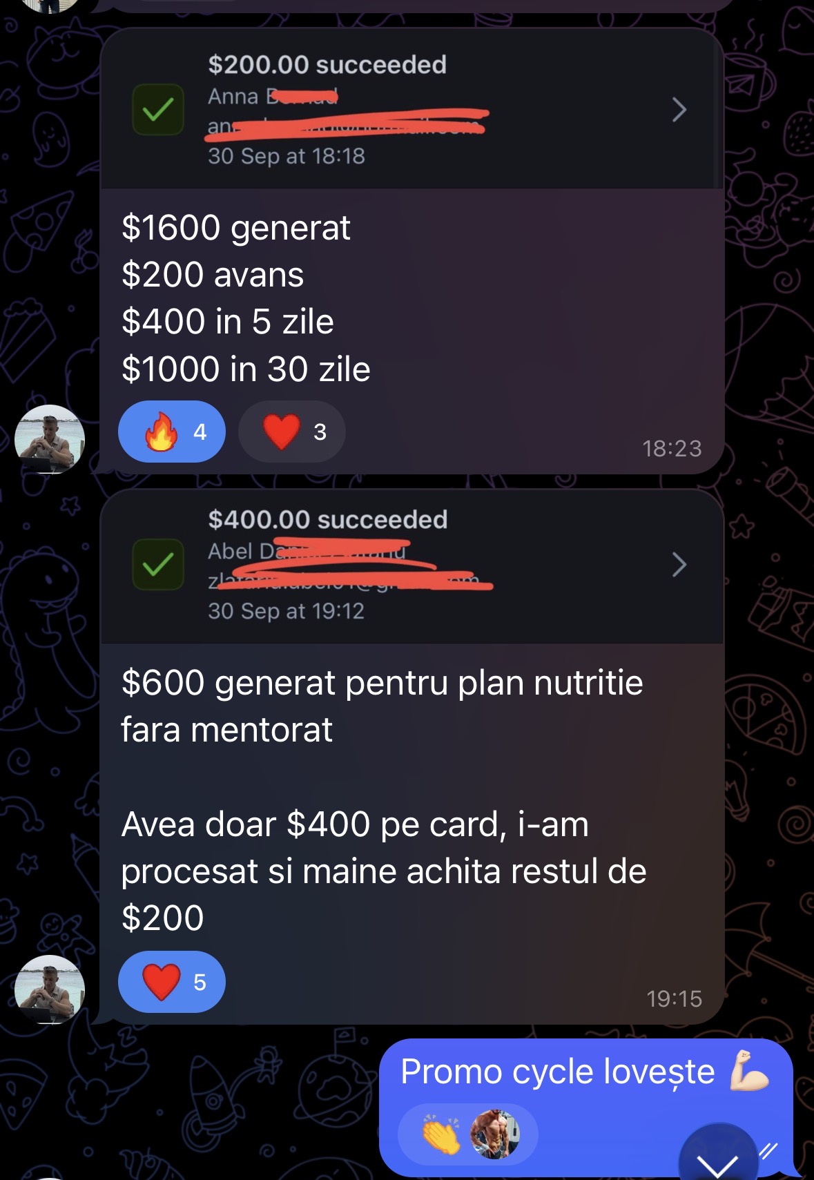 Mesaje despre o vânzare de 1.600 de dolari cu avans de 200 de dolari și una de 600 de dolari cu 400 de dolari încasați, restul fiind programat ulterior.