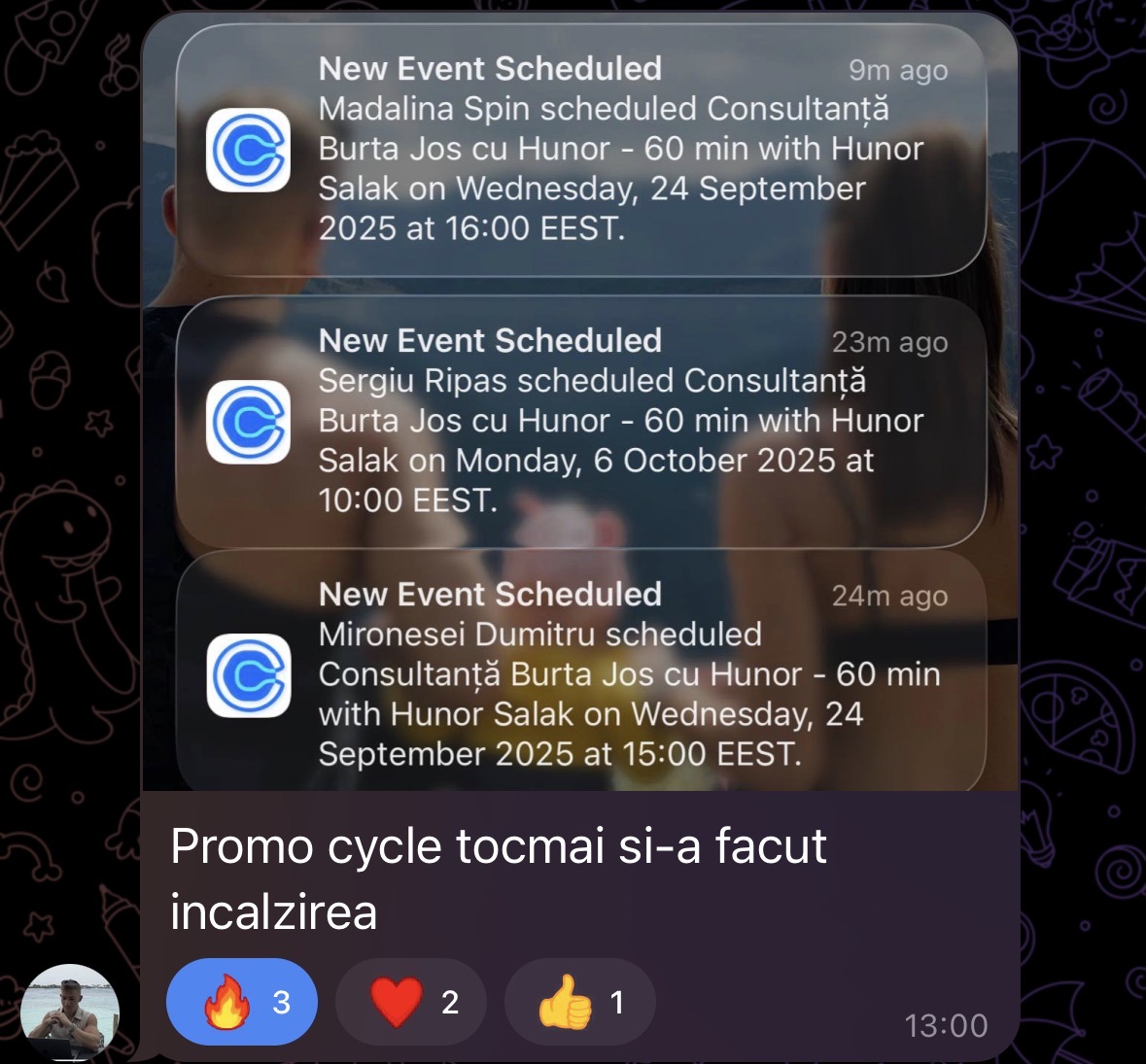 Captură cu 3 notificări de programări la consultații și mesajul lui Hunor despre campania promoțională.